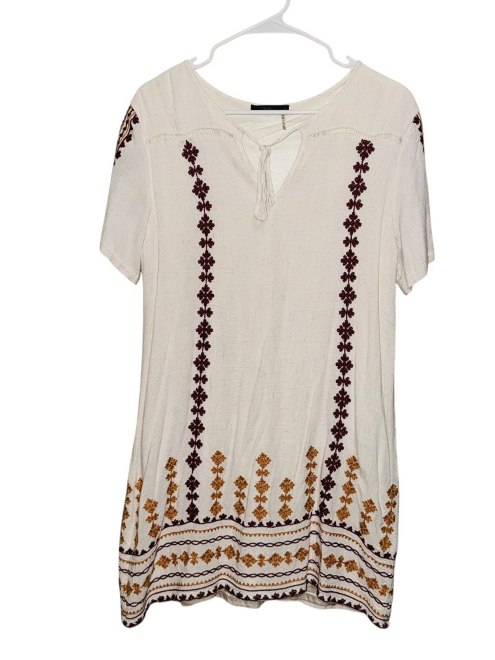 THML Boho Linen Blend Tassel Tie Cream Embroidered Mini Shirt Dress - Picture 3 of 9